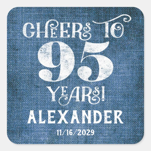 95th Birthday Blue Linen Thank You Favour Stickers (Front)