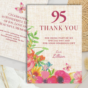 95th Birthday Bold Floral Linen Appreciation Thank You Card