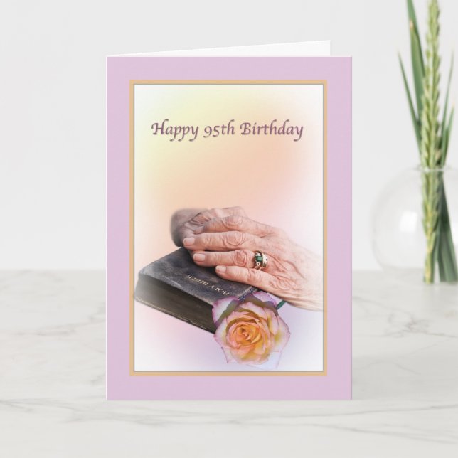 95th Birthday Card with Aged Hands and Bible (Front)