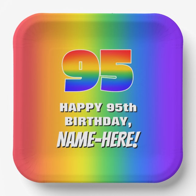 95th Birthday: Colourful, Fun Rainbow Pattern # 95 Paper Plate (Front)