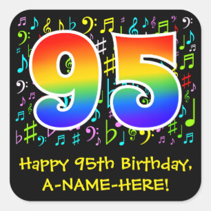 95th Birthday: Colourful Music Symbols, Rainbow 95 Square Sticker