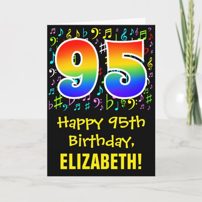 95th Birthday: Colourful Music Symbols + Rainbow 9 Card (Front)