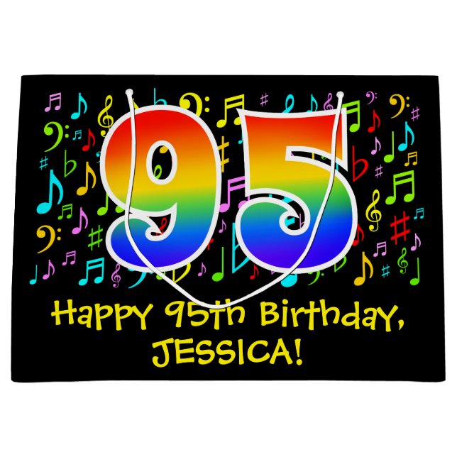 95th Birthday - Colourful Music Symbols, Rainbow 9 Large Gift Bag (Front)