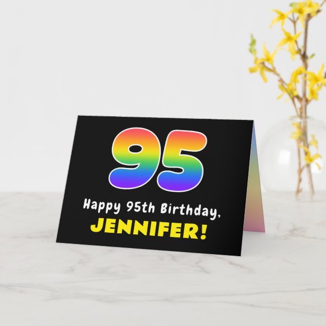 95th Birthday: Colourful Rainbow # 95, Custom Name Card (Yellow Flower)