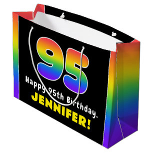 95th Birthday: Colourful Rainbow # 95, Custom Name Large Gift Bag