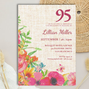 95th Birthday Elegant Bold Floral Linen Party Invitation