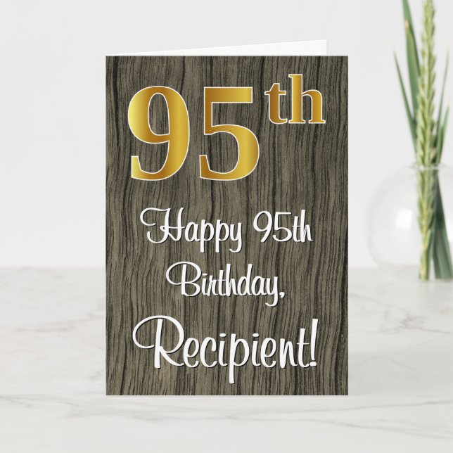 95th Birthday: Elegant Faux Gold Look #, Faux Wood Card (Front)