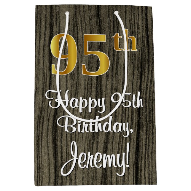 95th Birthday: Elegant Faux Gold Look #, Faux Wood Medium Gift Bag (Front)