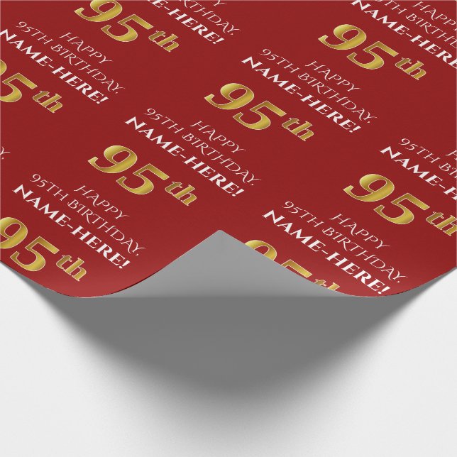 95th Birthday: Elegant, Red, Faux Gold Look Wrapping Paper (Corner)