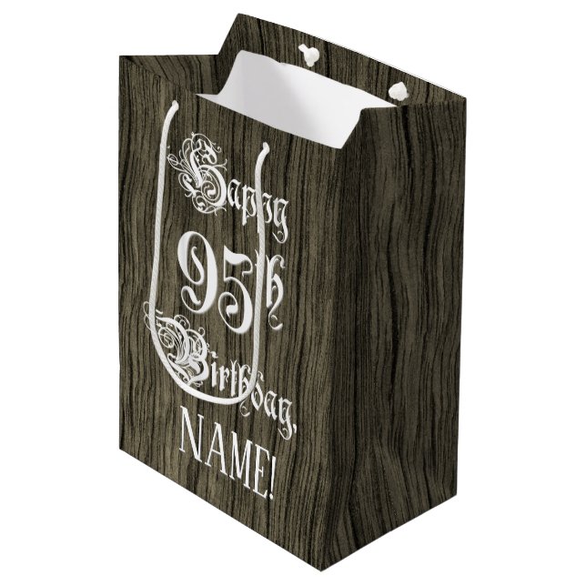 95th Birthday: Fancy, Faux Wood Look + Custom Name Medium Gift Bag (Front Angled)