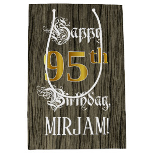 95th Birthday: Faux Gold Look & Faux Wood Pattern Medium Gift Bag