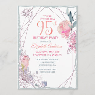 95th Birthday Floral Blush Rose Watercolor Party Invitation