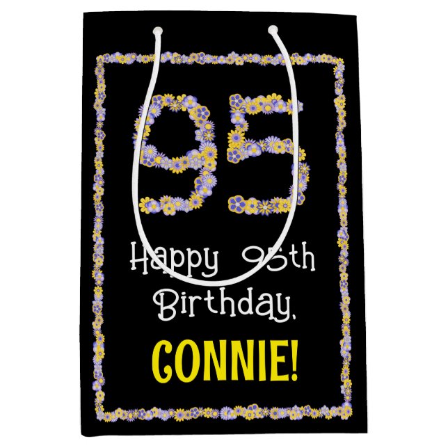 95th Birthday: Floral Flowers Number, Custom Name Medium Gift Bag (Front)