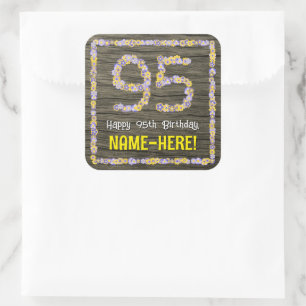 95th Birthday: Floral Number, Faux Wood Look, Name Square Sticker
