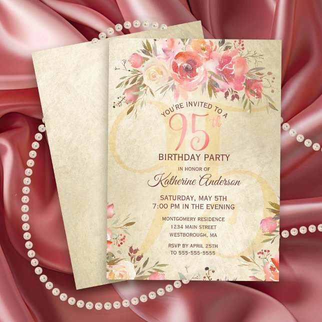 95th Birthday Floral Pink Roses Gold Shimmer Party Invitation (Elegant Pink and Gold Floral 95th Birthday Party Invitation)