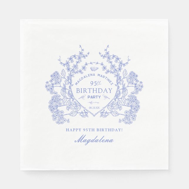 95th Birthday French Blue Floral Crest Custom Napkin (Front)