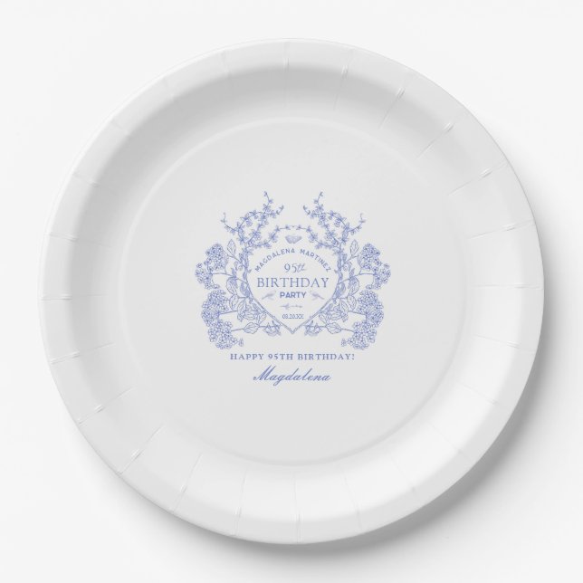 95th Birthday French Blue Floral Crest Custom Paper Plate (Front)