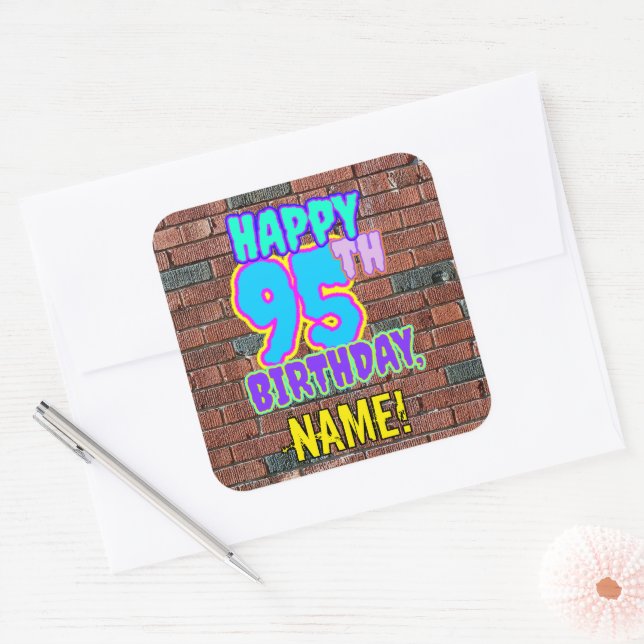 95th Birthday – Fun, Urban Graffiti Inspired Look Square Sticker (Envelope)