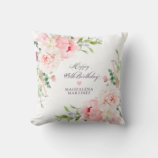 95th Birthday Gift Pink Floral Personalised Cushion (Front)