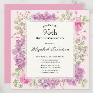 95th Birthday Invitation Elegant Pink Flowers