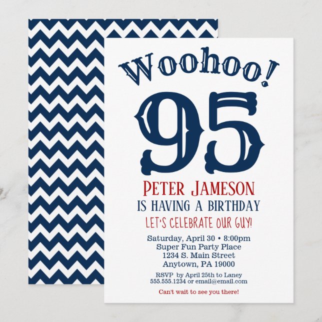 95th Birthday Invitation Mens Navy Blue (Front/Back)