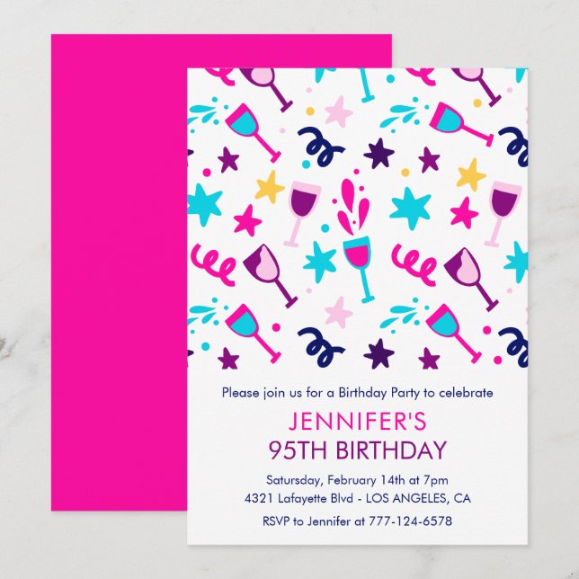 95th birthday invitations Cocktail Modern Pink (Front/Back)