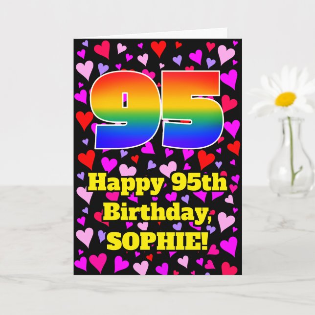 95th Birthday: Loving Hearts Pattern, Rainbow # 95 Card (Small Plant)
