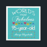 95th Birthday Most Fabulous Colourful Gem Turquois Napkin<br><div class="desc">Celebrate the milestone birthday of your favourite senior citizen with this fun gift reminding them of how fabulous they are. White and grey lettering on deep turquoise background. Colourful diamond-cut gems in rainbow tones serve as accent. Customise with names, initials or other text. This series is in increments of 5...</div>
