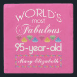 95th Birthday Most Fabulous Colourful Gems Pink Stone Coaster<br><div class="desc">Celebrate the milestone birthday of your favourite senior citizen with this fun gift reminding them of how fabulous they are. White and grey lettering on deep pink background. Colourful diamond-cut gems in rainbow tones serve as accent. Customise with names, initials or other text. This series is in increments of 5...</div>