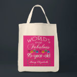 95th Birthday Most Fabulous Colourful Gems Pink Tote Bag<br><div class="desc">Celebrate the milestone birthday of your favourite senior citizen with this fun gift reminding them of how fabulous they are. White and grey lettering on deep pink background. Colourful diamond-cut gems in rainbow tones serve as accent. Customise with names, initials or other text. This series is in increments of 5...</div>