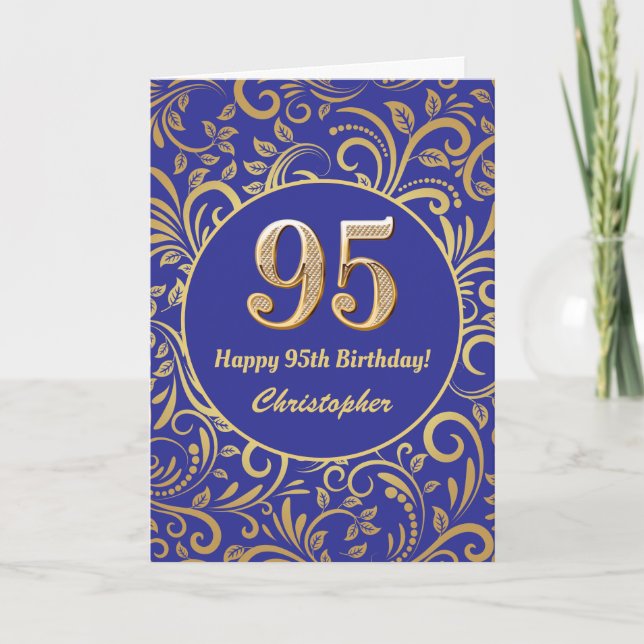 95th Birthday Navy Blue and Gold Floral Pattern Card (Front)