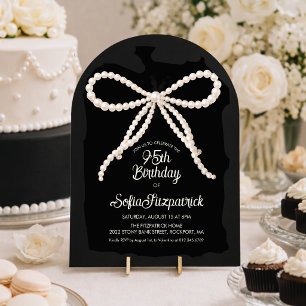 95th Birthday Party Black White Pearl Bow Arch Invitation