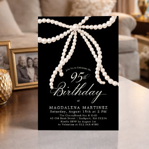 95th Birthday Party Black White Pearl Coquette Bow Invitation