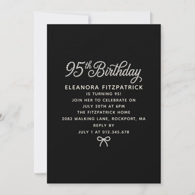 95th Birthday Party Black White Pearl Script Bow Invitation (Front)