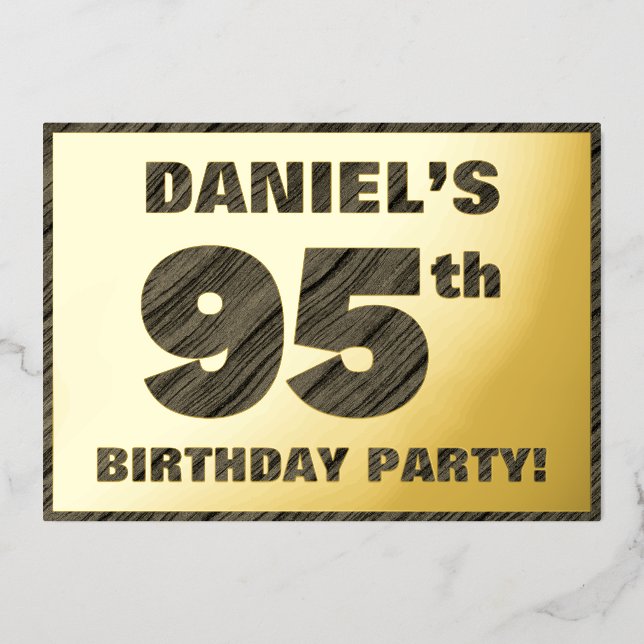 95th Birthday Party — Bold, Faux Wood Grain Text (Front)