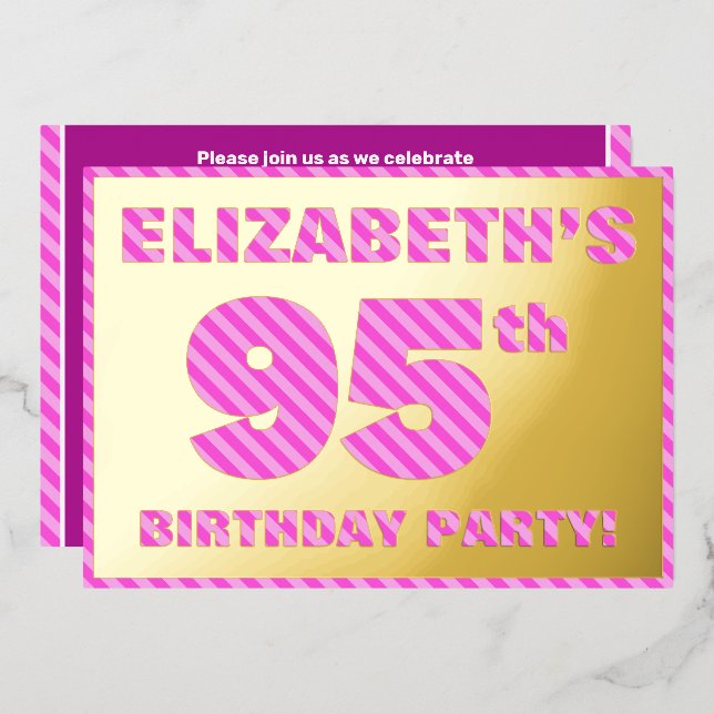 95th Birthday Party — Bold, Fun, Pink Stripes # 95 (Front/Back)