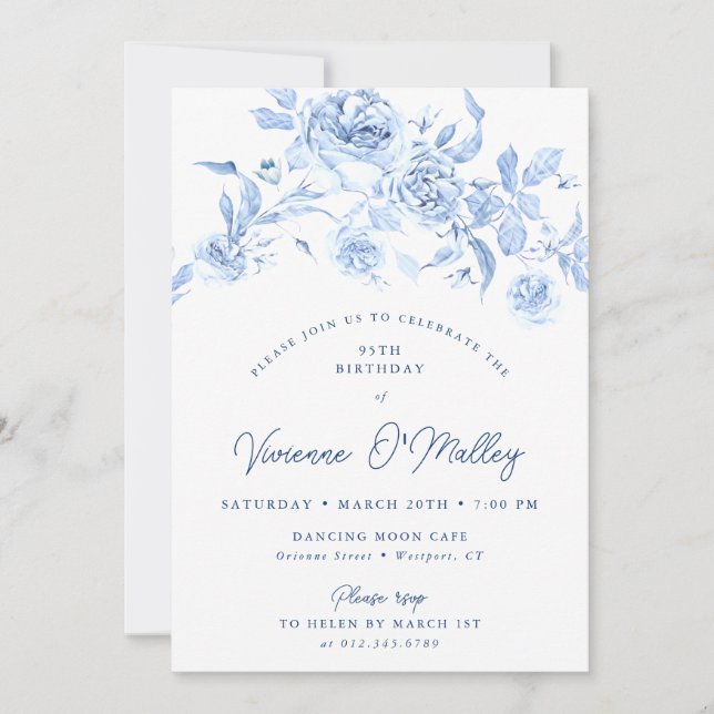 95th Birthday Party Dusty Blue Floral Invitation (Front)