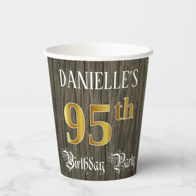 95th Birthday Party — Faux Gold & Faux Wood Looks Paper Cups (Back)