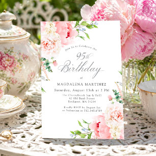 95th Birthday Party Feminine Pink Roses Floral Invitation
