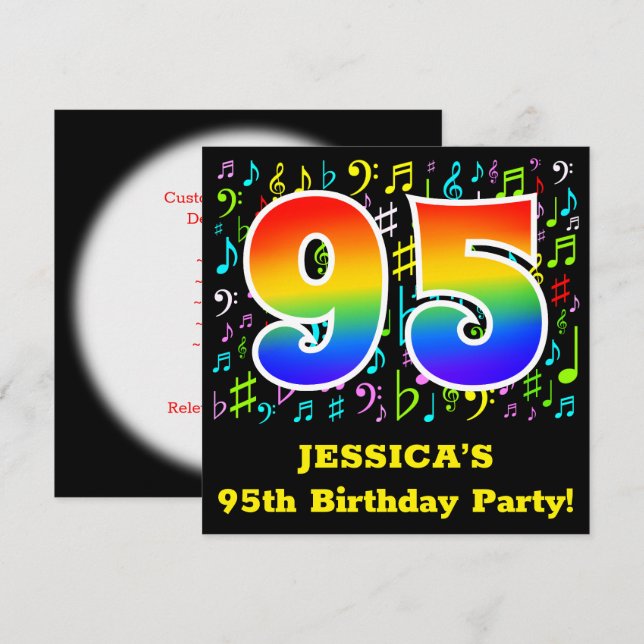 95th Birthday Party: Fun Music Symbols, Rainbow 95 Invitation (Front/Back)