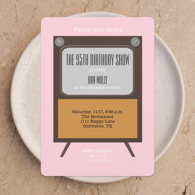 95th Birthday Party Invitation TV on Pink (Creator Uploaded)