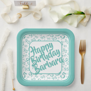 95th Birthday Party Number Pattern Teal White Paper Plate
