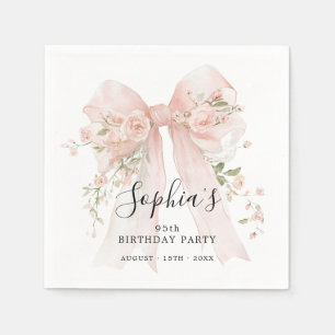 95th Birthday Party Pink Bow with Roses Cocktail Napkin