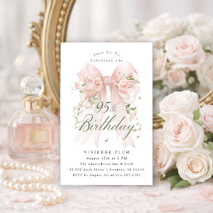 95th Birthday Party Pink Coquette Bow Rose Floral Invitation