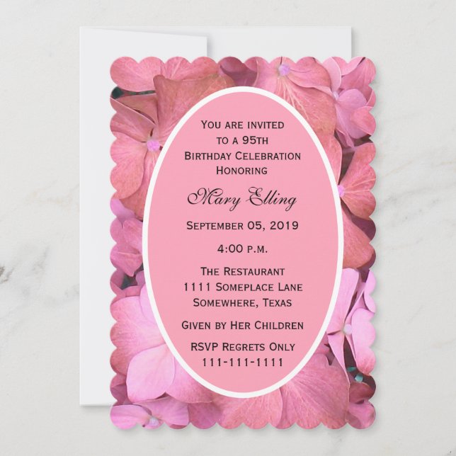 95th Birthday Party Pink Scalloped Hydrangeas Invitation (Front)