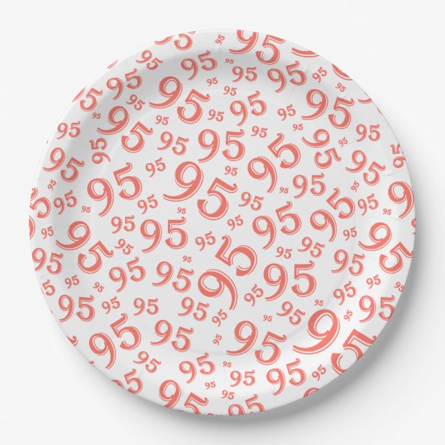 95th Birthday Party Random Number Pattern Coral Paper Plate (Front)