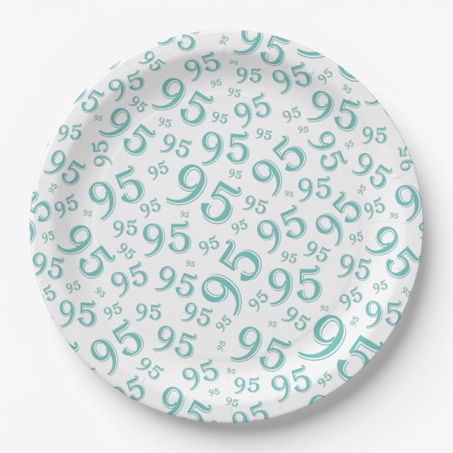 95th Birthday Party Random Number Pattern Teal Paper Plate (Front)