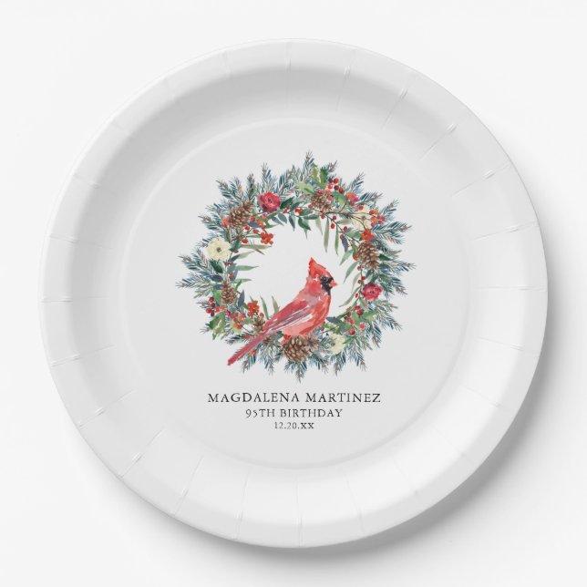 95th Birthday Party Red Cardinal Wreath Custom Paper Plate (Front)