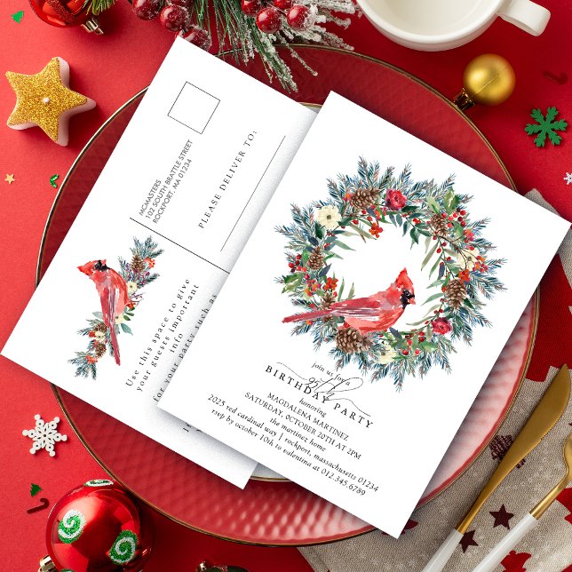 95th Birthday Party Red Cardinal Wreath Invitation Postcard (Creator Uploaded)
