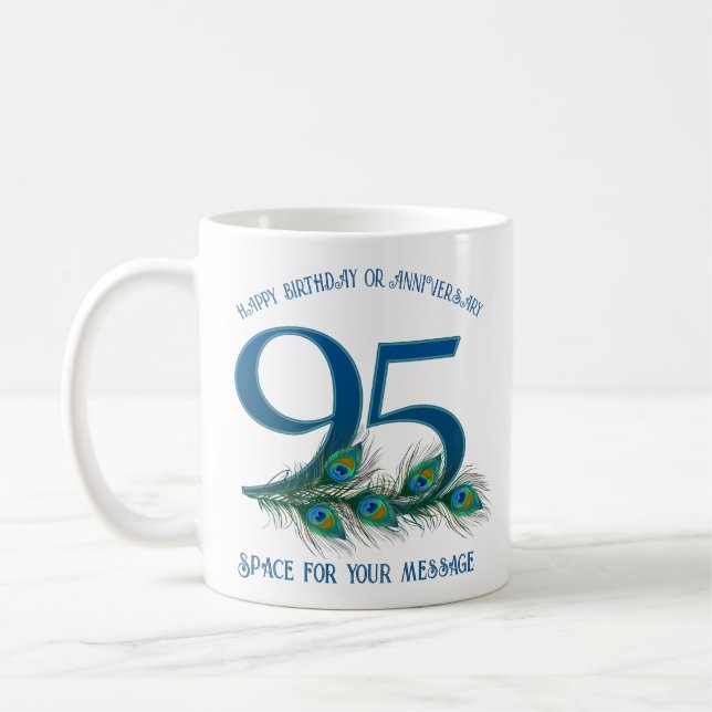 95th Birthday Peacock Feather Customizable Coffee Mug (Left)